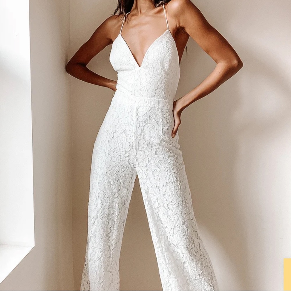*SOLD* Lulus All About Tonight White Lace Wide-Leg Lace-Up Jumpsuit